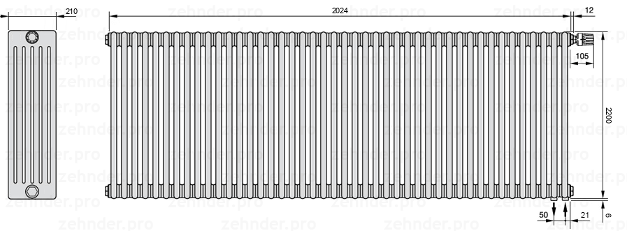 Схема (чертеж) Радиатор Zehnder Charleston 6220/44 №V002 Белый глянцевый RAL 9016